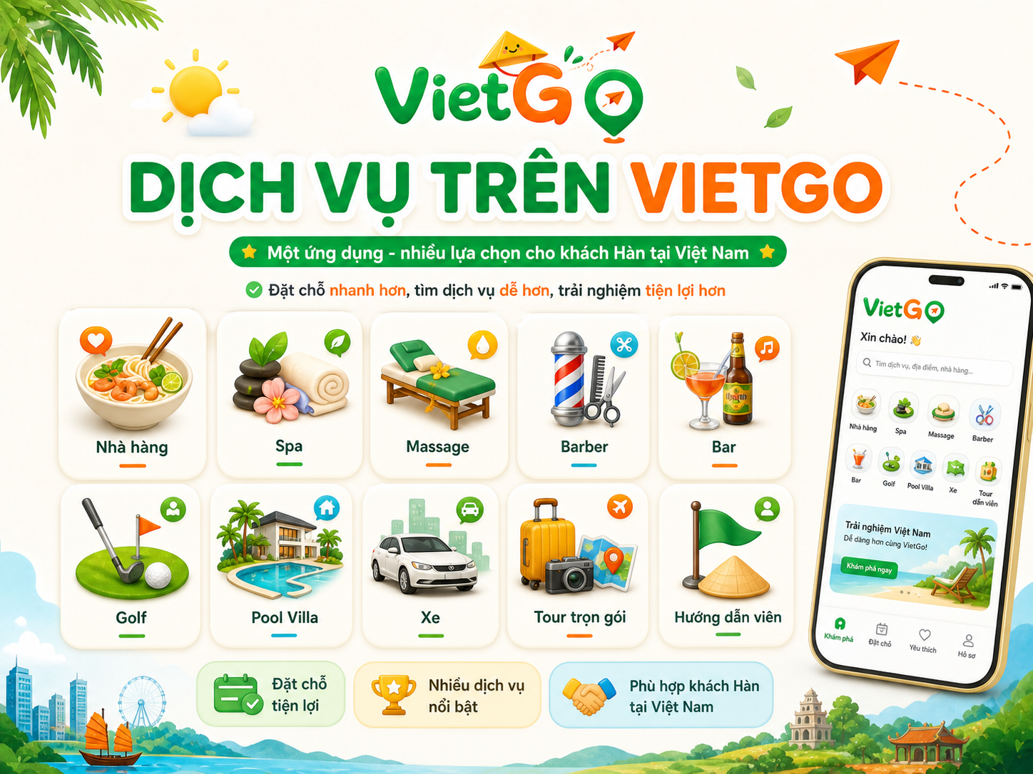 Dịch vụ trên VIETGO gồm nhà hàng, spa, massage, barber, bar, golf, pool villa, xe, tour trọn gói và hướng dẫn viên