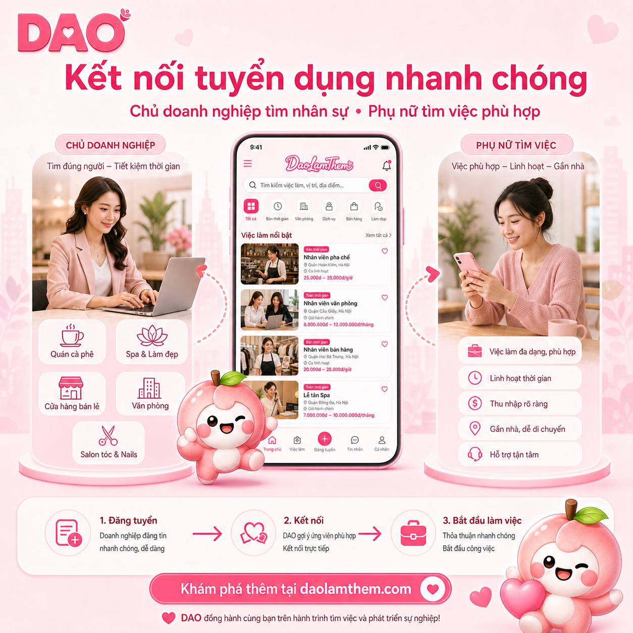 DAO kết nối chủ doanh nghiệp đăng tuyển và phụ nữ tìm việc tại Việt Nam